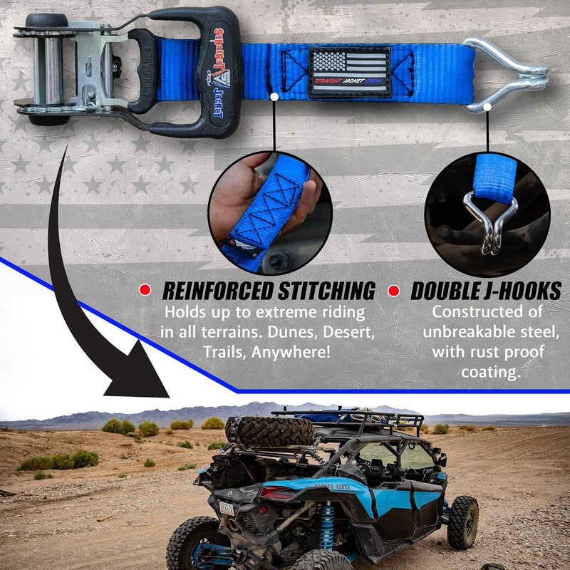 Straight Jacket Crew Y Strap for Spare Tire - Heavy Duty Spare Tire Strap for UTV, Offroad Accessories & Roof Rack, 3 Way Ratchet Strap Tie Down- 1.6" Wide, Can Secure Up to 40" Tire by (Blue) - Image 4